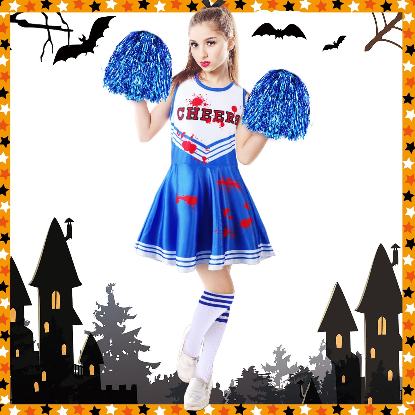 Didaey 6 Pcs Girl Zombie Costume Kids Halloween Cheerleader Costume Scary Halloween Party Cosplay (Blue,L)