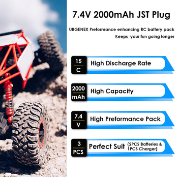 URGENEX 2000mAh 7.4 V Li-ion Battery with JST Plug 2S Rechargeable RC Battery with 1 to 2 USB Charger Fit for RC Helicopter Car