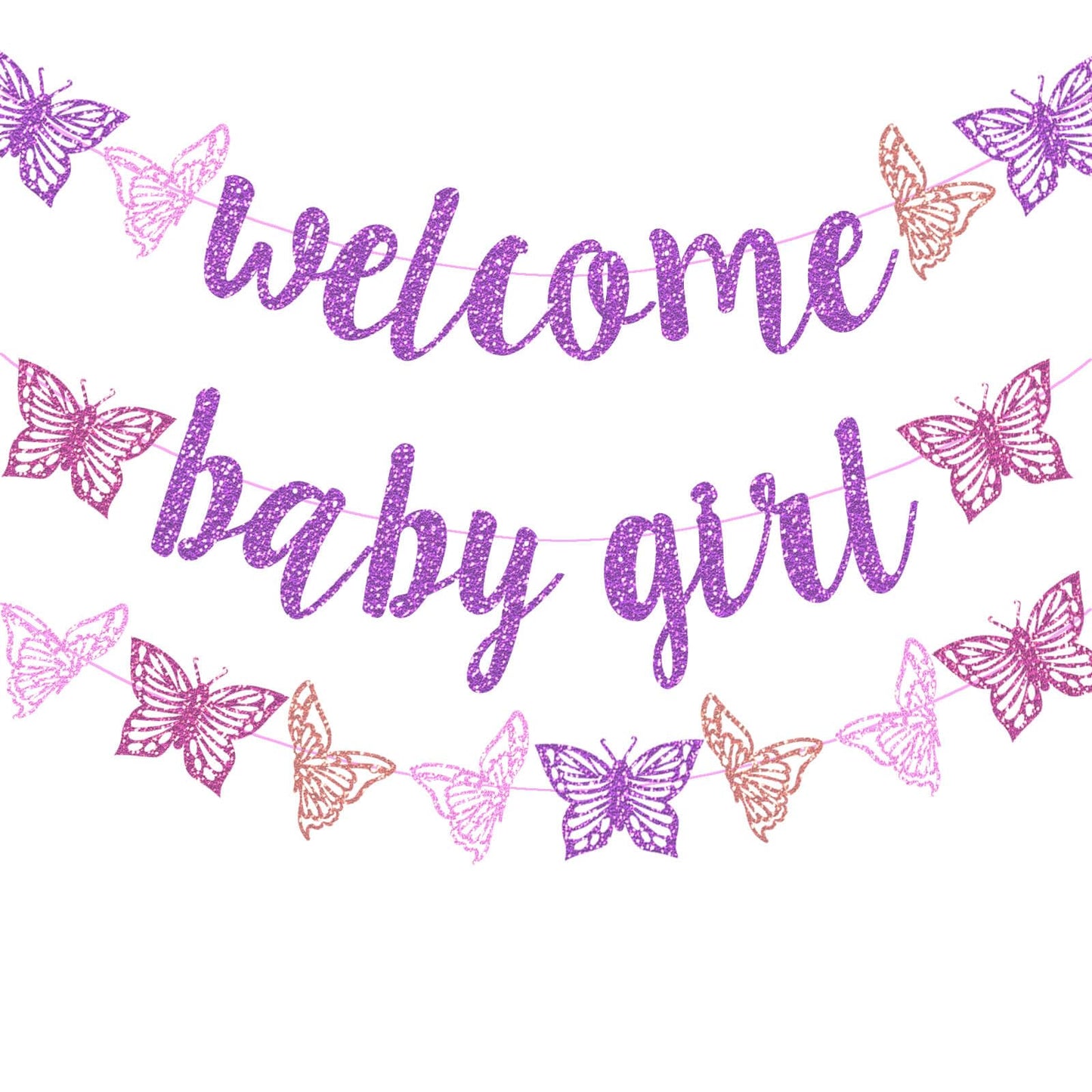 Butterfly Welcome Baby Girl Banner Purple Glitter Butterfly Baby Girl Banner for Butterfly Themed Pregnancy Announcement Gender