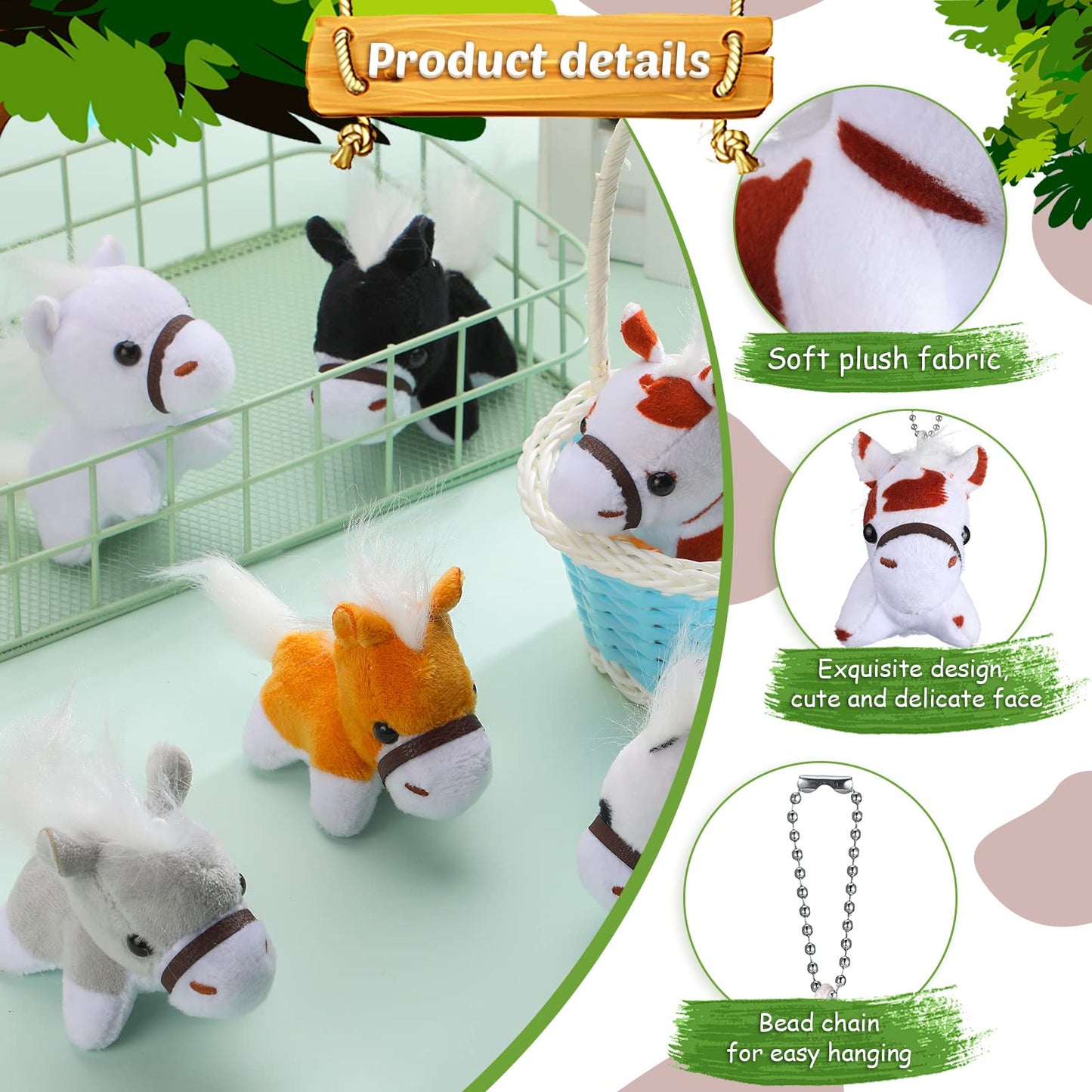 Aoriher 24 Pcs Horse Plush Stuffed Animal Mini Keychain Toys 3.15 Inch Party Favor With Detachable Chain For Farm Themed Birthday Party Favors Supplies(Horse Style)