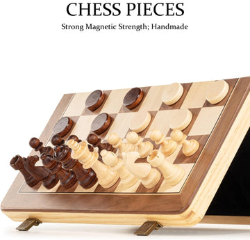 A&A 15'' Magnetic Wooden Chess Set/Folding Board / 3'' King Height German Knight Staunton Chess Pieces/Mahogany & Maple Inlaid /