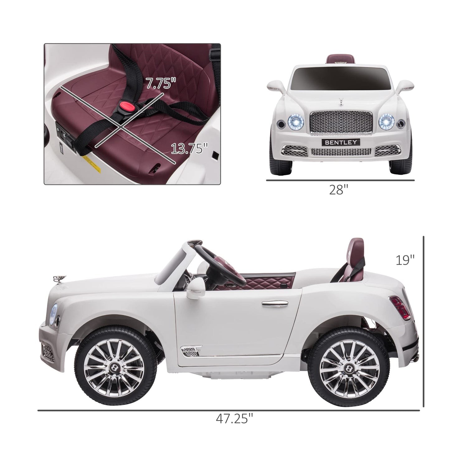 Aosom Bentley Mulsanne 12V Ride On Car, Battery Powered Car With Remote Control, Suspension, Startup Sound, Led Lights, Mp3, Horn, Music, Forward And Backward, 2 Motors, White