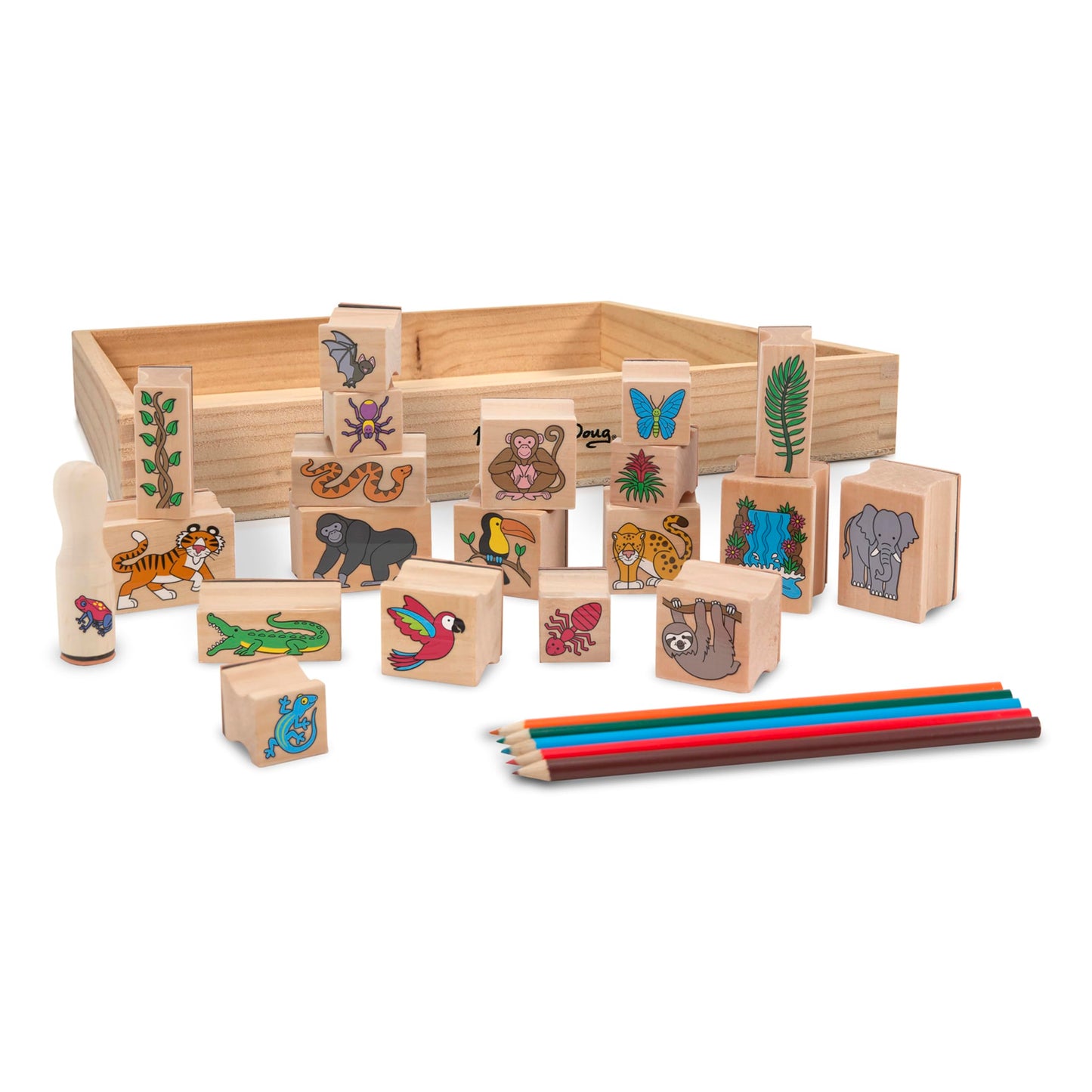 Melissa & Doug Stamp-A-Scene Stamp Set: Rain Forest - 20 Wooden Stamps, 5 Colored Pencils, And 2-Color Stamp Pad