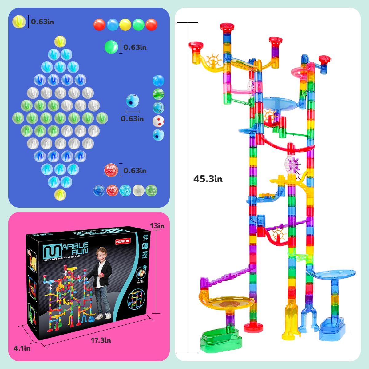 Meland Marble Run - 208Pcs Marble Maze Game Building Toy For Kids, Marble Track Race Set & Stem Learning Toy Gift For Boy Girl Age 4 5 6 7 8 9+(142 Pcs + 60 Glass + 5 Led Lighted Marbles)