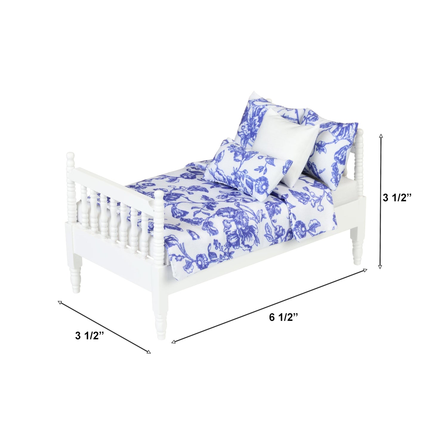 Dollhouse Furniture Mini Bed Set, Bedroom Accessories For 6 Inch Dolls, Blue Bedding, Wooden Frame, 1/12 Scale