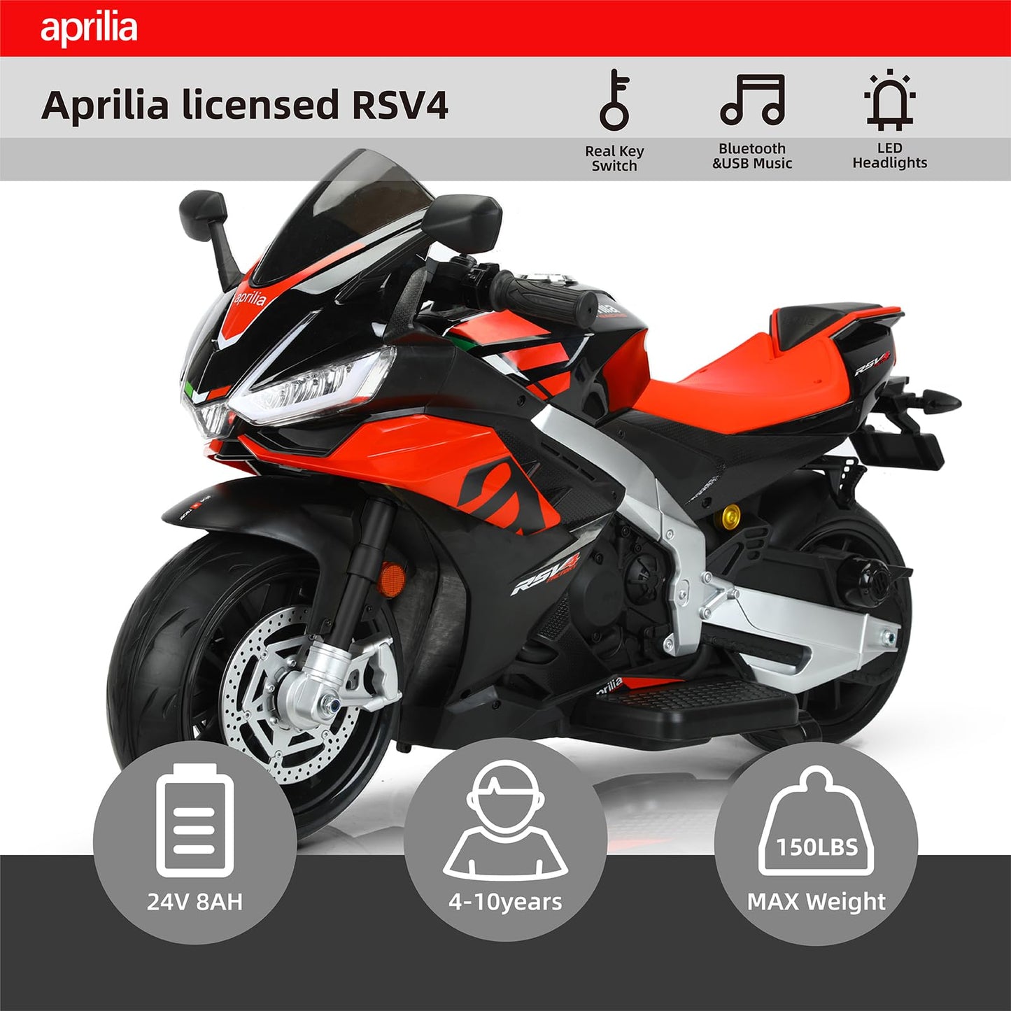 Tcaraiwen Aprilia Licensed 24V Kids Electric Motorcycle,Ride-On Motorcycle Speed Up To 10Mph With Side Wheels, Key Switch And Mp