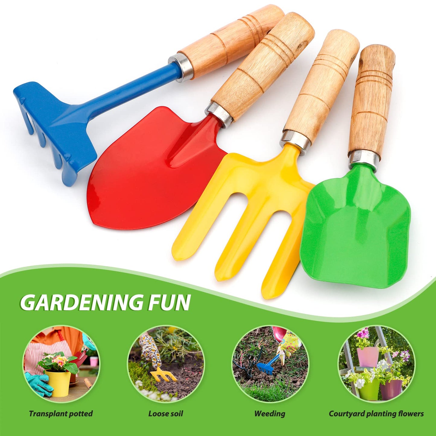 Metal Garden Tool Set with Scoop Leaf Rake Fork Hoe Sand Toy for Kids mature-themeds Toddler Beach Sandbox Shovels Kit Beach Garden Gear Accessories Gift for Outdoor Digging Treasure Hunt(4PCS)