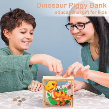 Piggy Bank For Kids, Wooden Money Coin Bank For Boys And Girls, Dinosaur Unicorn Piggy Banks With Diy Stickers For Birthday, Easter Gifts (Orange)