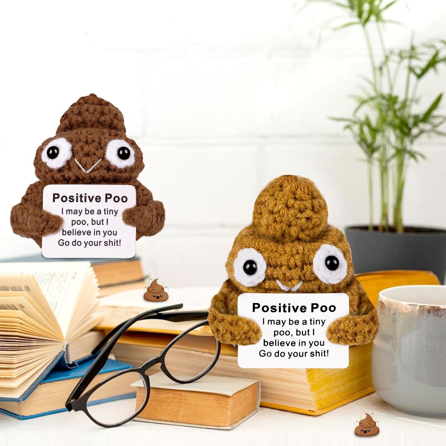 Cozymate Positive Poo With Affirmations Cards Emotional Crochet Support Positive Energy Gifts For Women Friends Christmas Gag Gift (Brown&Yellow, 2P)