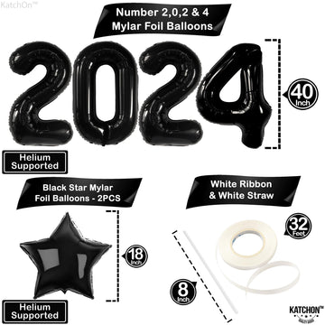 Katchon, Giant 2025 Balloon Numbers Black - 40 Inch | 2025 Balloons With Black Star Balloons For New Years Eve Party Supplies 2025 | 2025 Black Balloons For Happy New Year Decorations 2025, Nye Decor