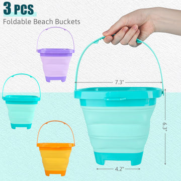 Shindel 3PCS Foldable Buckets, Colorful Foldable Beach Bucket Collapsible Sand Bucket Water Bucket for Beach Fun Summer Vacation
