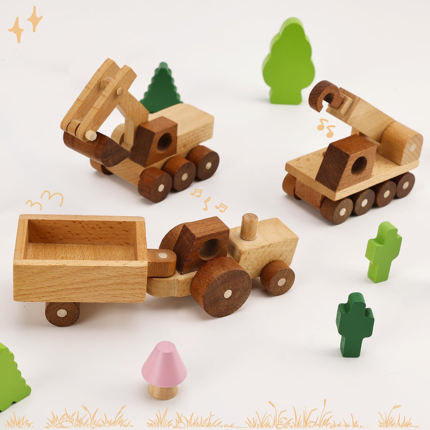 MONT PLEASANT Wooden Toy Construction Vehicle Set of 3 Toddler Montessori Toys Crane Tractor Trailer Excavator Toy Cars with Rolling Wheels Kids Construction Toys Educational Gift for Boys and Girls