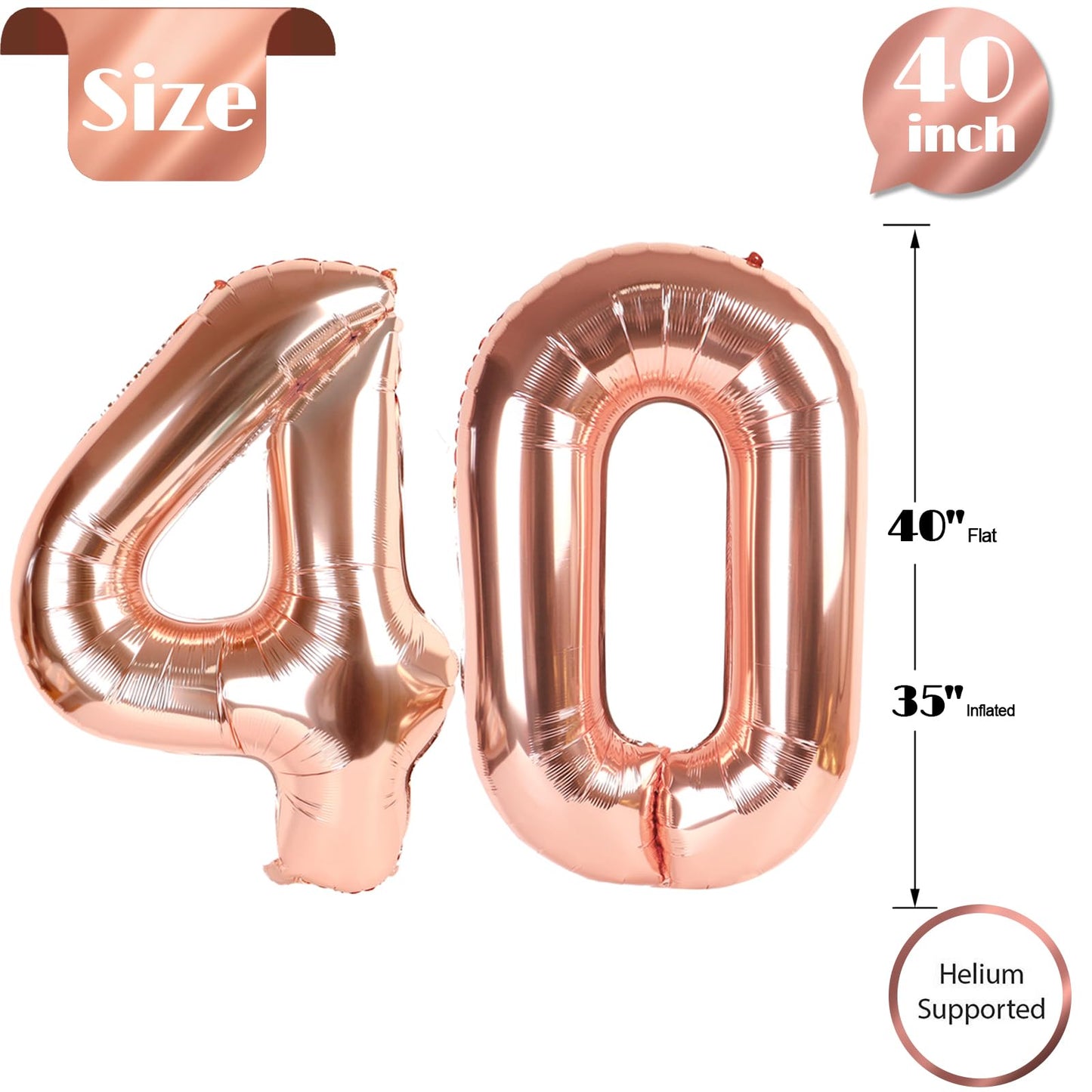 IWERP Rose Gold Number 40 Balloons - 40 Inch Mylar Foil for 40th Birthday Decorations