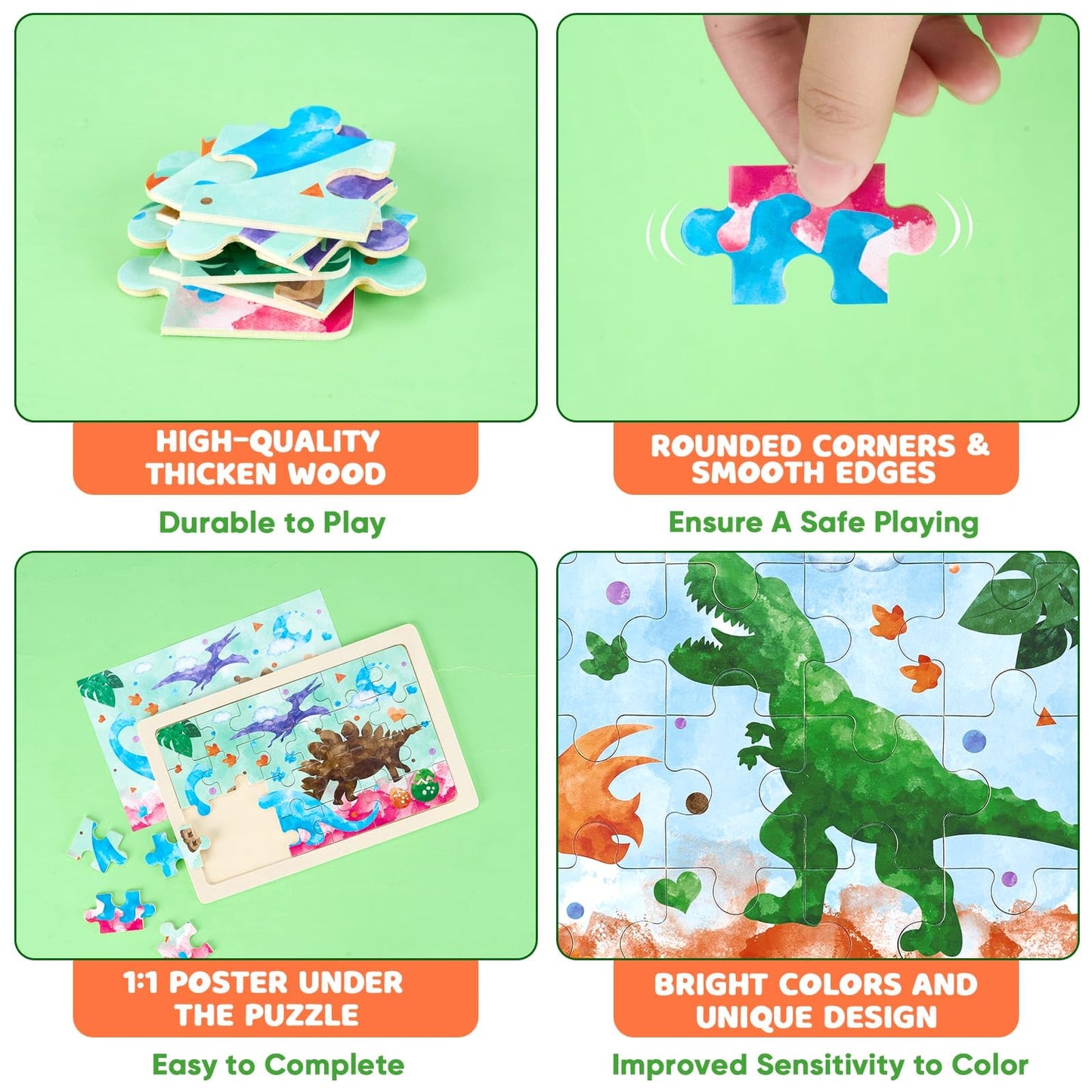 Wernnsai Dinosaur Wooden Jigsaw Puzzles - Preschool Educational Brain Teaser Boards 4 Packs With 24 Piece Dino Puzzles Toys Dino