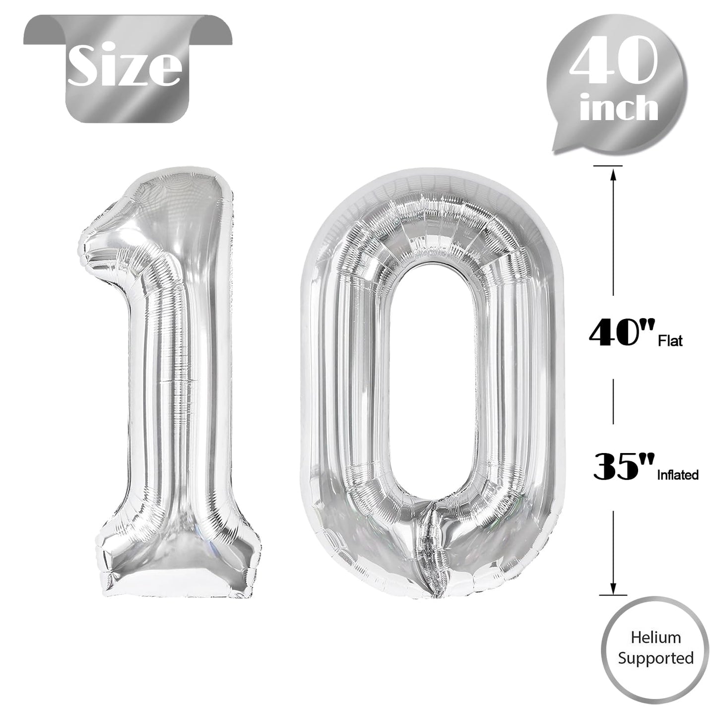 10 Balloon Number, Silver Number 10Th Birthday Balloons 40 Inch, 10 Years Old Silver Birthday Decorations For Boys Girls, 10Th A