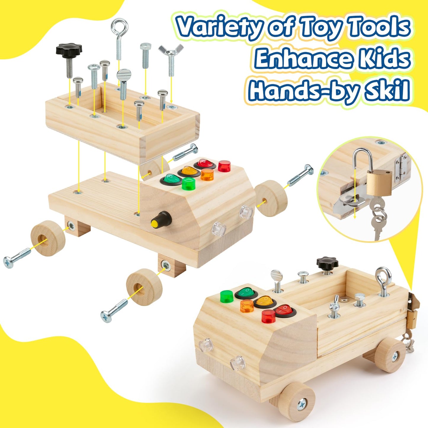 Sundaymot kids Tool Set, Montessori Screwdriver Board Set, Busy Board with Led Light, Fine Motor Skills Toys, Wooden Montessori