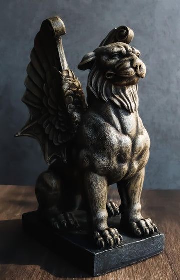 Ebros Gift Muscular Stoic Lion Gargoyle With Griffin Wings Crouching On Pedestal Decorative Statue 6.5' Tall Medieval Cathedral Castle Rooftop Gothic Figurine
