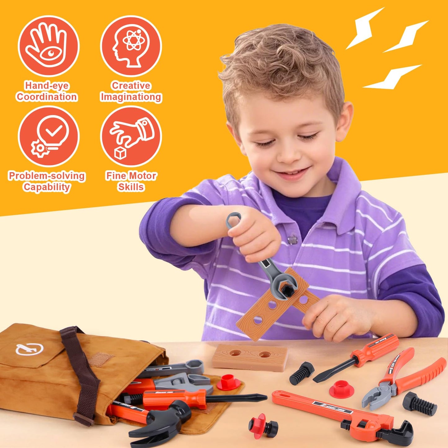 Kids Tool Set,MAGIC4U 26PCS Toddler Tool Set with Tool Bag,8 Tools Equipements,Pretend Play Construction Kits for Kids Age 3-6 Y