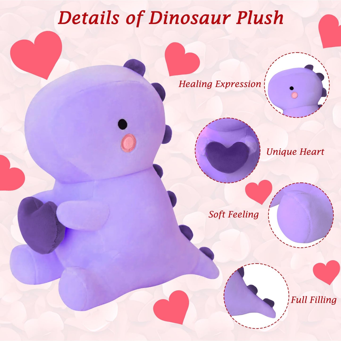 Sqeqe Dinosaur Stuffed Animal, Loving Soft Dino Plush Toys With Holding Heart For Valentine Day, Sweet Romantic Anniversary Birthday Gift For Her Girls Boys Girlfriend(Purple,12 Inch)