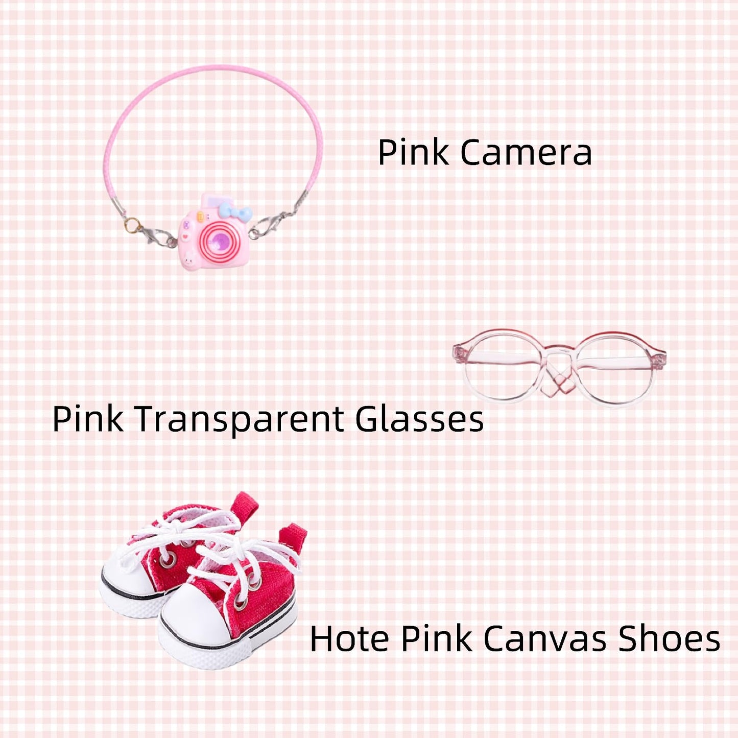 17cm Doll Designer Clothes enhanced Doll Outfit Set Accessories with Tshirt Pink Overall Pink Camera Glasses Shoes Yellow Bucket Hat Pink
