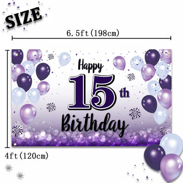 LASKYER 15th Birthday Decorations - Purple Balloon Banner Sign, Polyester Backdrop for 15th Birthday Party Supplies
