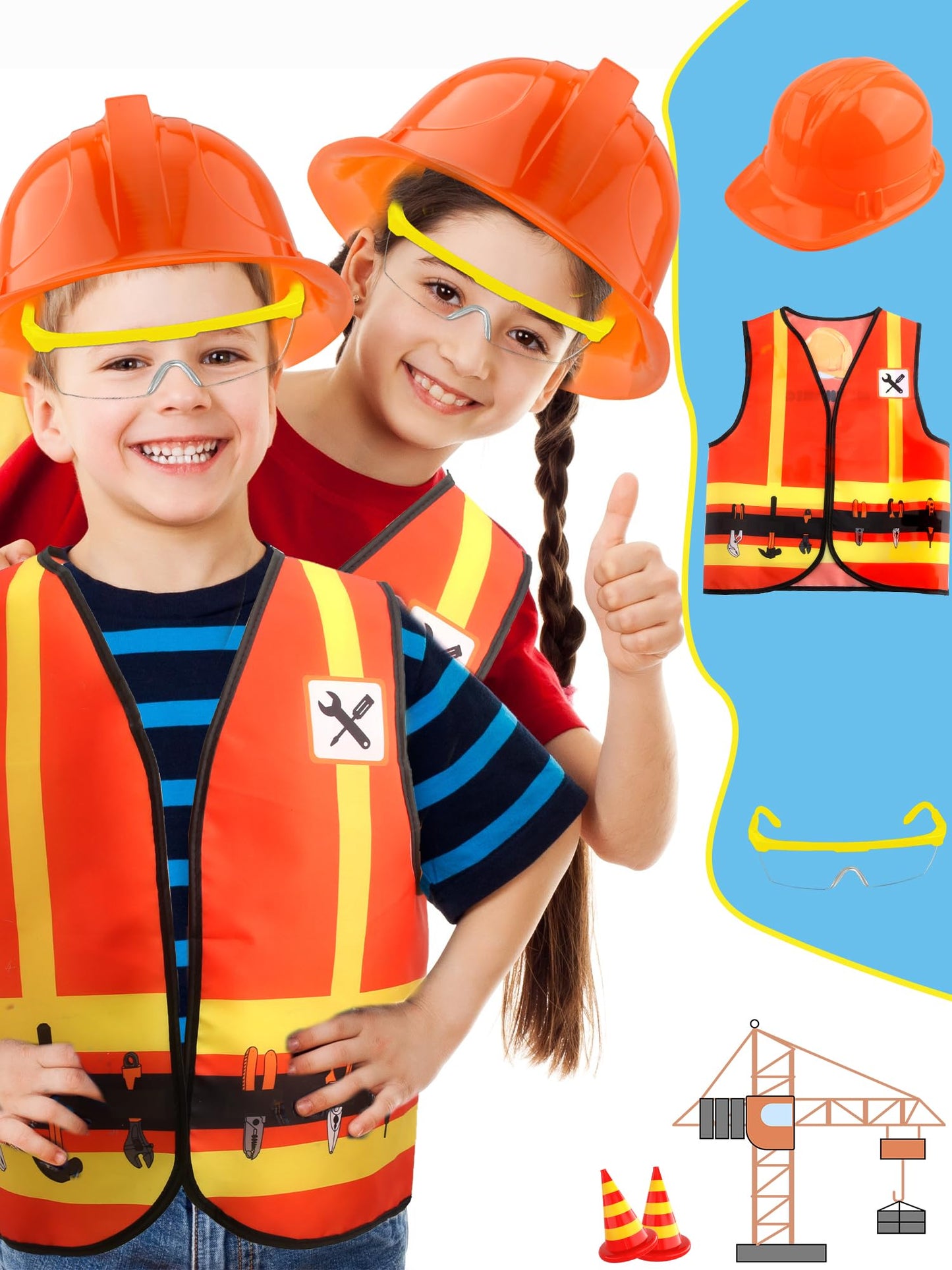 Puteraya 12 Pcs Kids Construction Worker Costume Dress Up Include Construction Vest Hard Hat Goggles For Kids Halloween (Color S