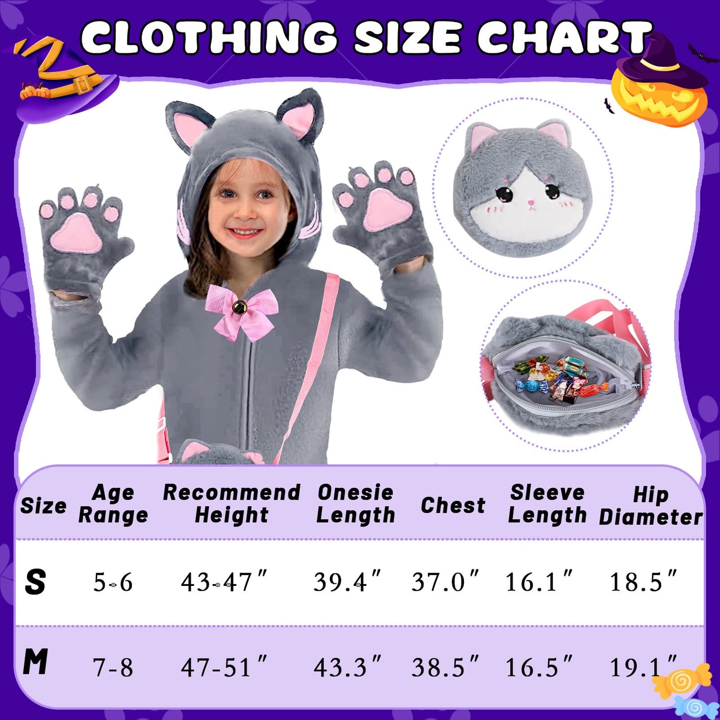 Gifts2U Halloween Cat Costume For Girls, Kids Onesie Costume With Pink Cat Ears, Cat Tail, Paws, Bow Ties And Purse Bag, Gifts For Halloween, Birthday Or Any Costume Occasion (7-8Years)