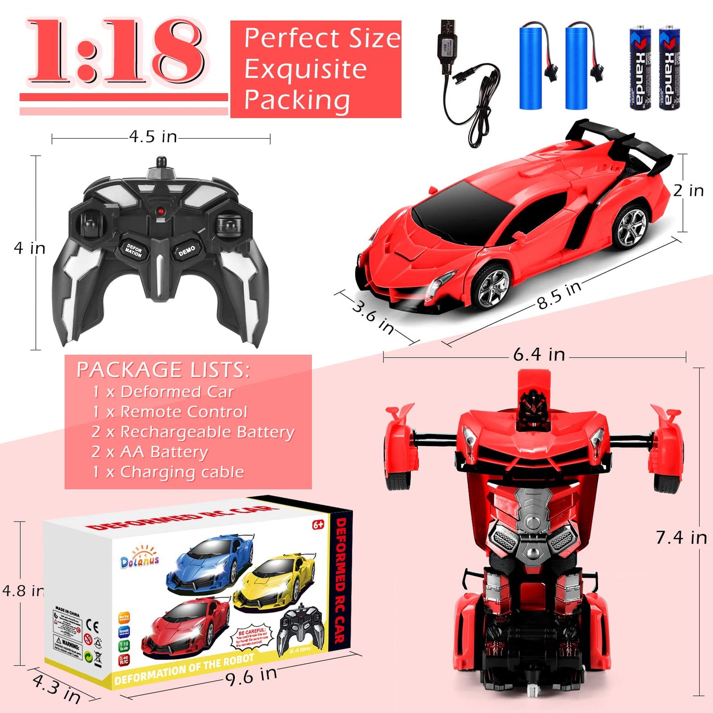 Dolanus Remote Control Car - Transform Robot RC Cars Contains All Batteries: One-Button Deformation and 360 Degree Rotating Drif