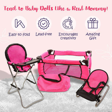 Pink Baby Doll Accessories Set - 3 In 1 Baby Doll Furniture Set With Baby Doll High Chair, Baby Doll Crib, Baby Doll Bouncer Seat, Baby Doll Bed Set For 18” Doll - Play Baby Doll Toys For 18' Dolls