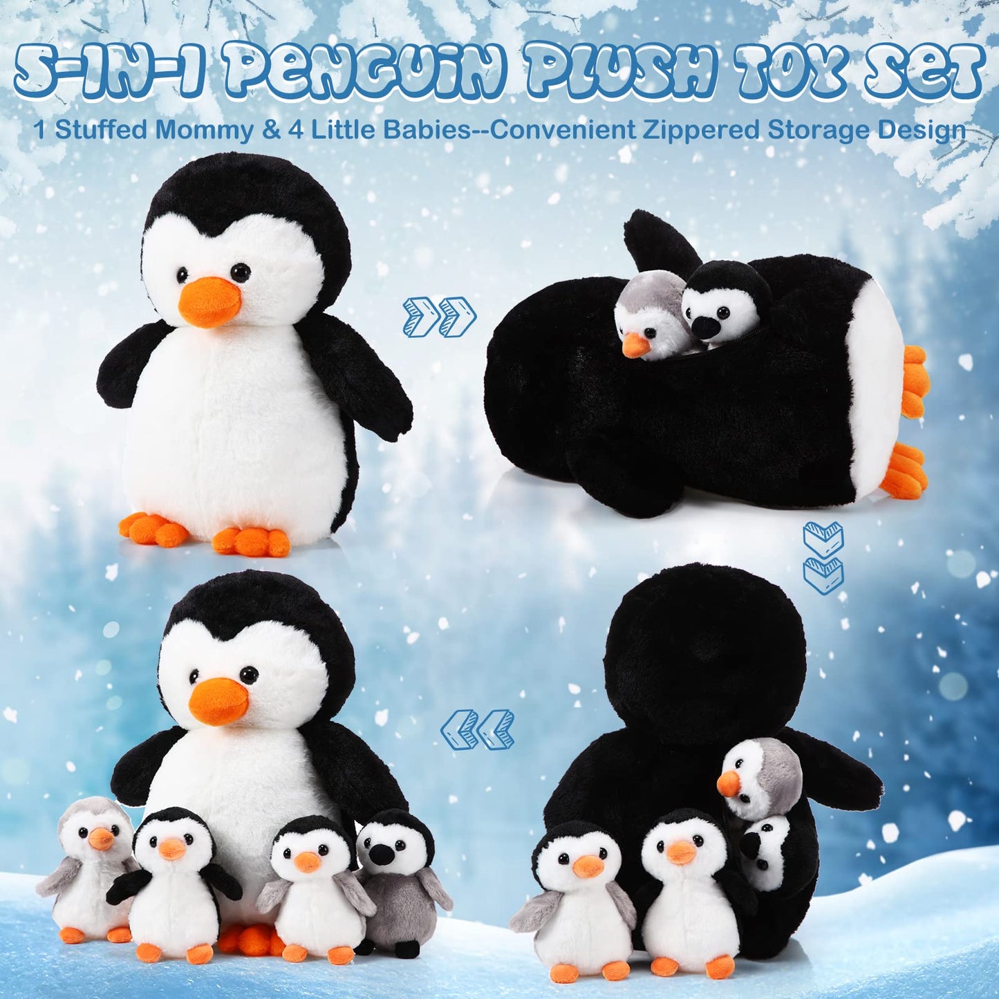 Harrycle 5 Pcs Penguin Plush Toy Set 14 Inch Mommy Penguin Stuffed Animal with 4 Cute Babies in Zippered Belly Soft Cuddly Plush