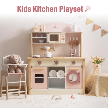 ROBUD Play Kitchen for Kids Toddlers, Wooden Play Kitchen with Realistic Accessories, Toy Kitchen Set with Plenty of Play Featur