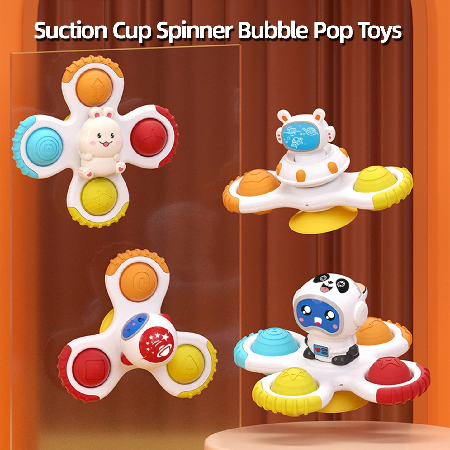 Baby Spinning Top Rattle Toys 3 Pcs, Suction Cup Infant Spinner Toy 12 Months+, Sensory Spin Bath Sucker, Travel Busy Teething Toy For Toddlers, Gifts For 1-3 Year Boy Girl(Group D)