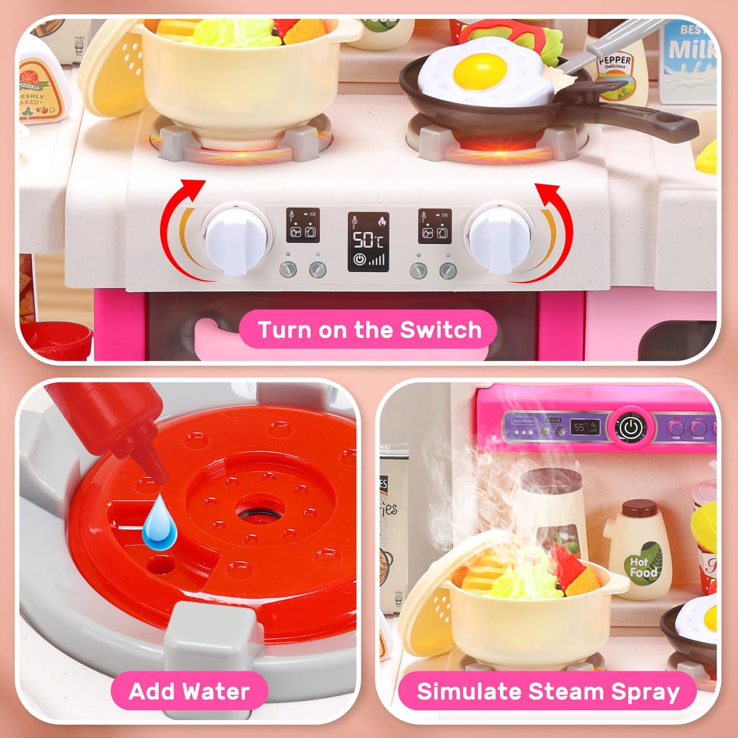 Cute Stone Kids Kitchen Playset, Play Kitchen Set With Sound & Light, Cooking Stove With Steam, Toy Sink,Play Food Toy And Kitch