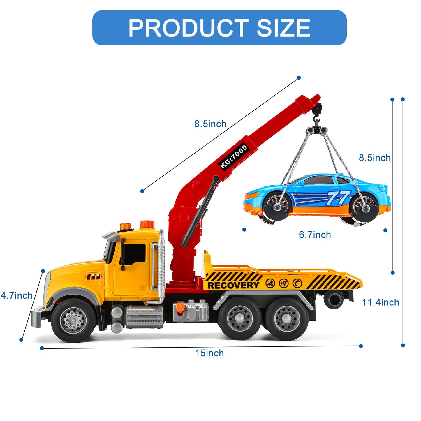 Kids Tow Truck Toy with Car for Boys 4-7 Years Old - Big Tow Truck for Kids Flatbed and Crane with Sounds and Lights, Road Rescu