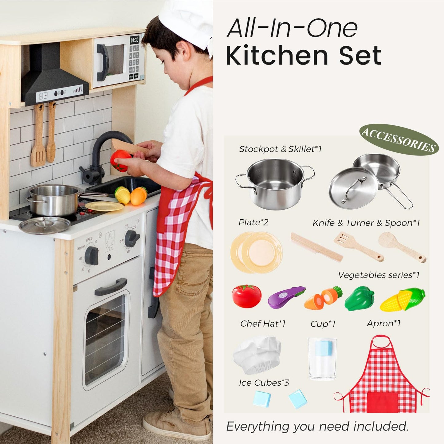 Tiny Land Play Kitchen for Kids, Wooden Kids Play Kitchen Playset Chef Pretend Play Set for Toddlers with Real Lights & Sounds,