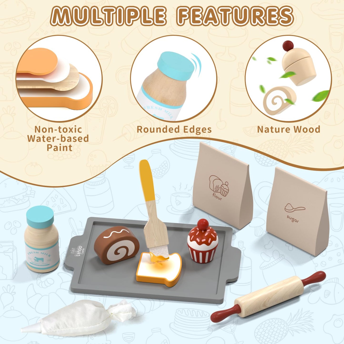 Lehoo Castle Play Food Set for Kids Kitchen, Play Kitchen Accessories Wooden, Kids Baking Set for Boys, Toys Cupcakes and Cookie