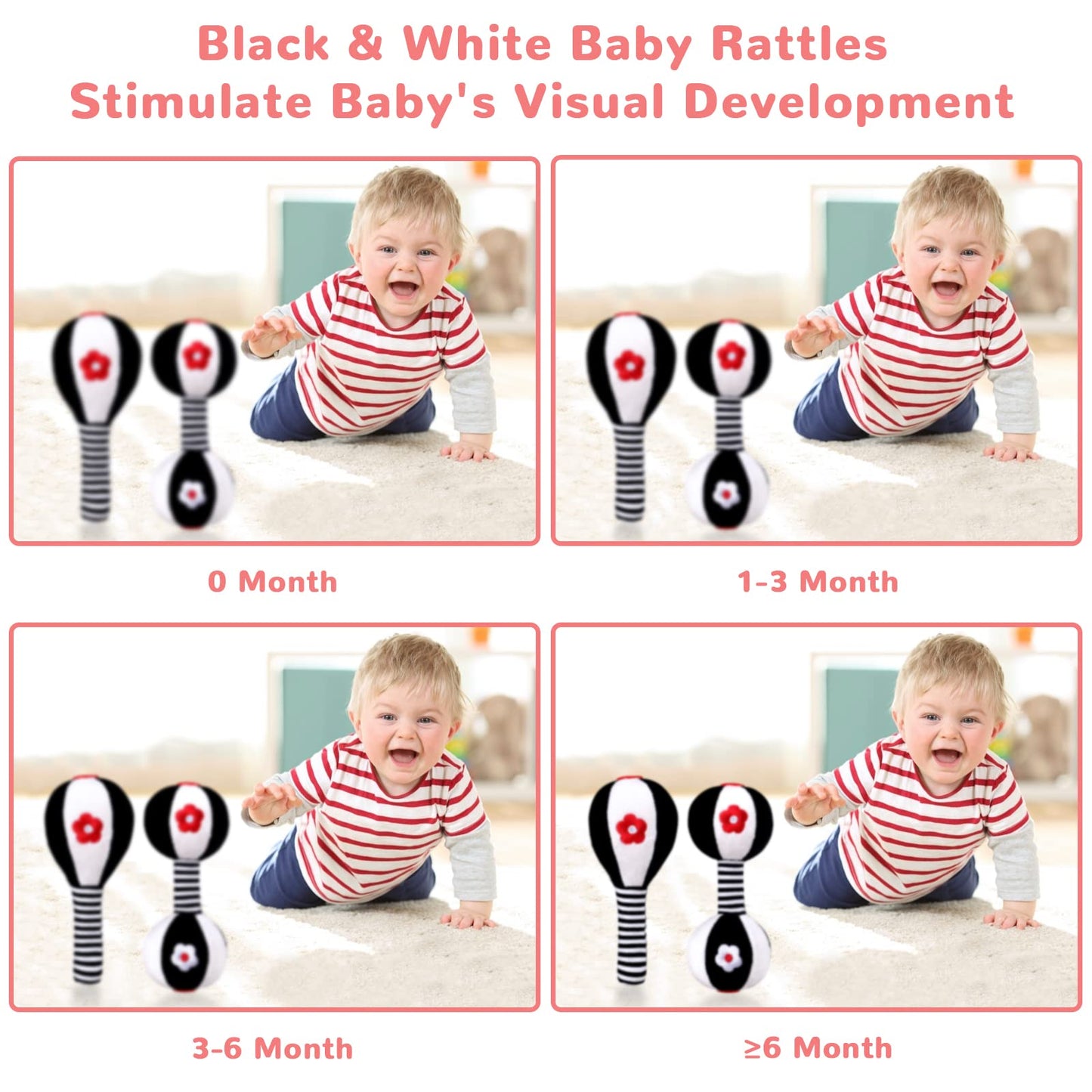 Xixiland Baby Rattles 0-6 Months Newborn Toys Infant Toys 0-6 Months Rattles For Babies 0-6 Months Baby Toys 0-6 Months, Black And White High Contrast Baby Toys Dumbbell Toy For 0 3 6 9 12 Months