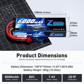 Zeee 2S Lipo Battery 6000mAh 80C 7.4V Hard Case RC Battery with Deans Connector for 1/8 Scale RC Car RC Airplane RC Helicopter R
