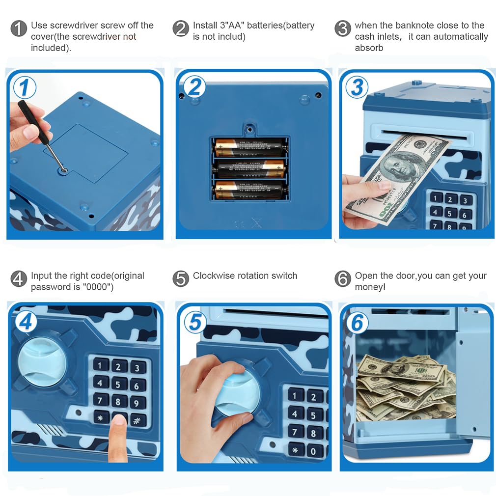 Setibre Piggy Bank, Electronic Atm Password Cash Coin Can Auto Scroll Paper Money Saving Box Toy Gift For Kids (Camouflage Blue)