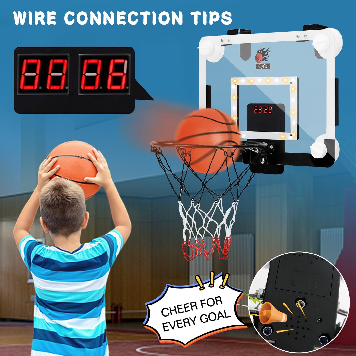 Cyfie Basketball Hoop Suction Cup, Led Light Basketball Hoop With Scoreboard, Hook, 3 Balls, Mini Indoor Basketball Toy Gifts For Kids Boys Youth Slam Dunk Games