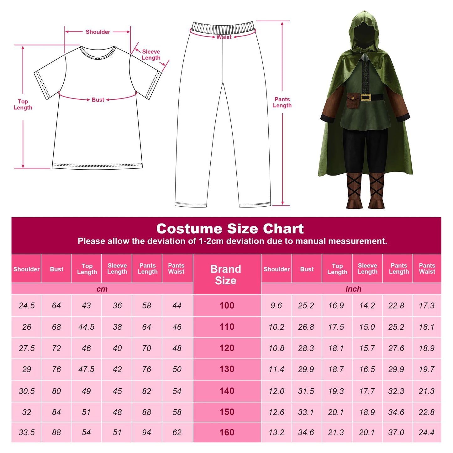 Relibeauty Kids Archer Costume Boys Girls Hunter Costume With Cape,Green,160