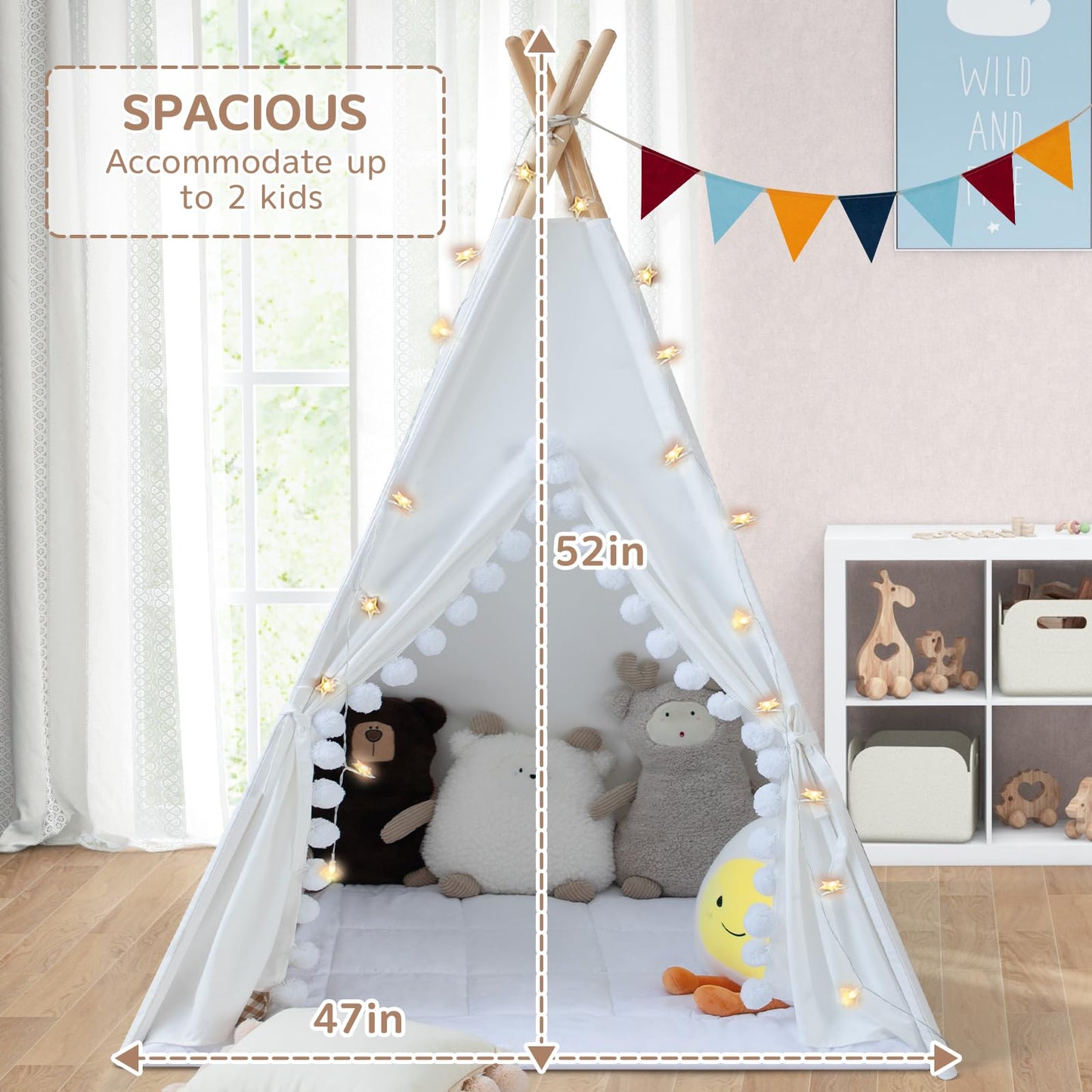 Wirhao Teepee Tent For Kids With Padded Mat Cotton Canvas Kids Teepee With Pompom For Toddlers Indoor Play Tent For Girls Boys W
