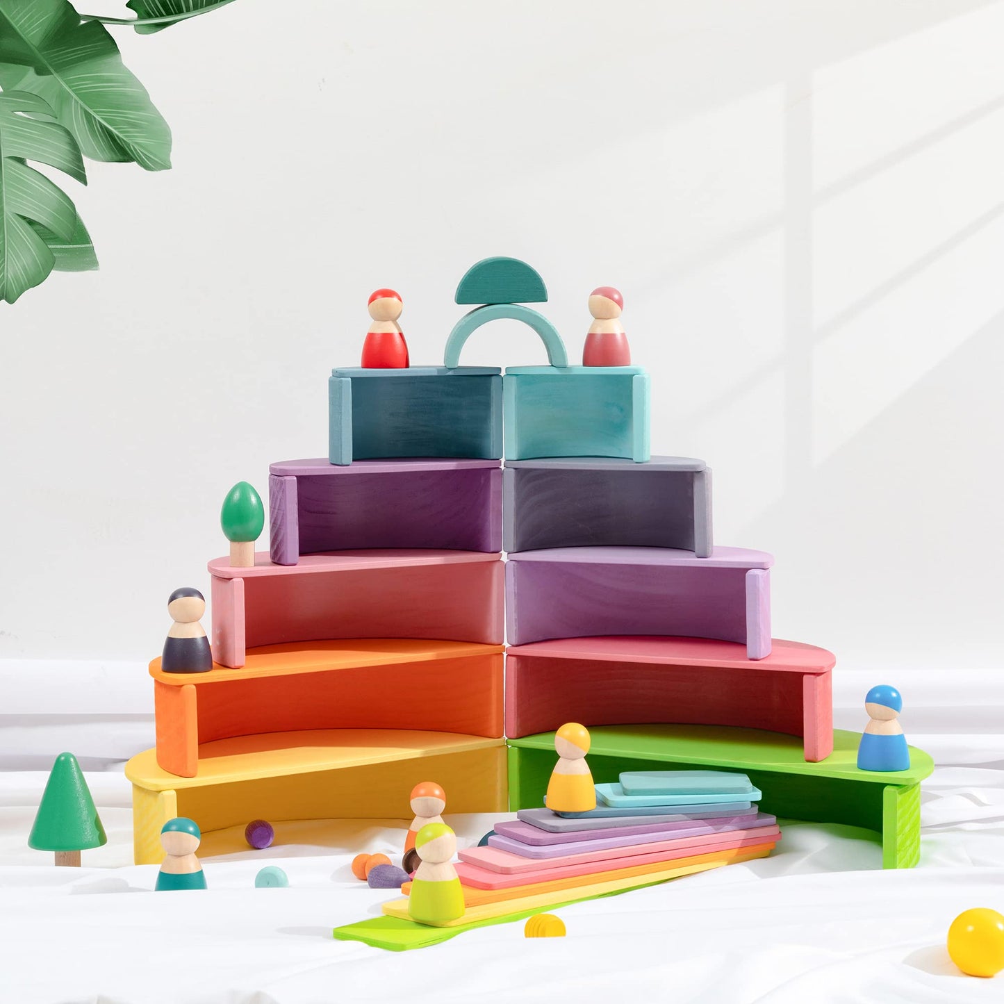 Merryheart Wooden Rainbow Stacker Set - Rainbow Stacking Toy Set With Rainbow Stacker, Semicircle, Building Board - Waldorf Wooden Open Ended Stacking Toys - Great For As Gift (Pastel Rainbow-3 Pack)