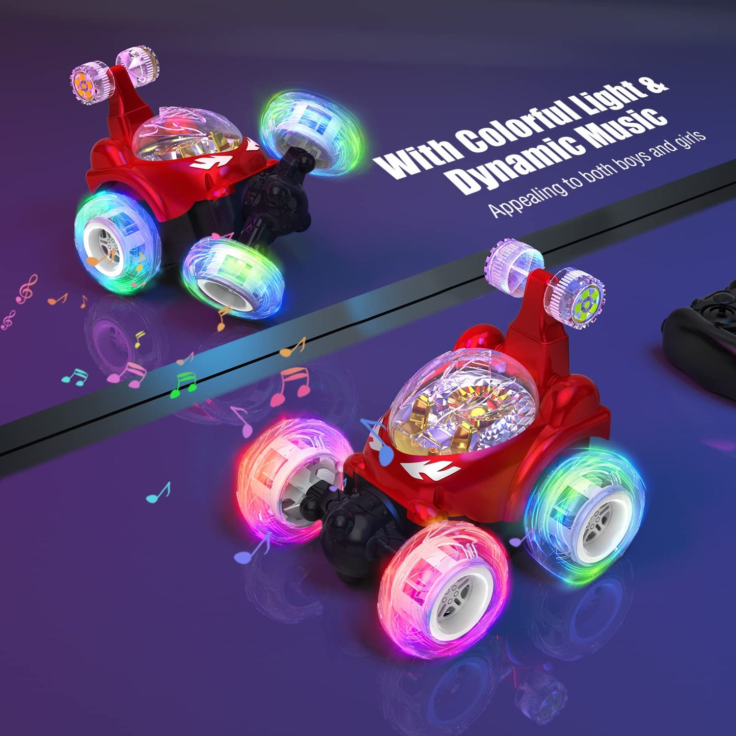 Kizeefun RC Stunt Car, Invincible 360Rolling Twister with Colorful Lights & Music, Rechargeable Remote Control Car for Kids (Red