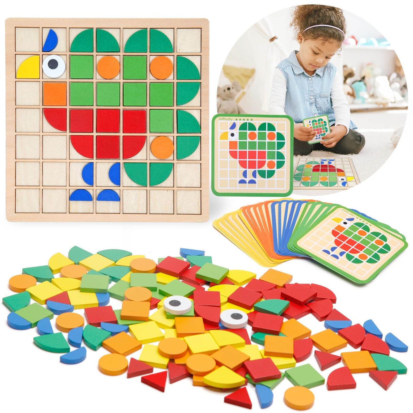 Zycolo Montessori Tangram Educational, Geometric Shapes Puzzle Toys with 120Pcs Wooden Puzzle Blocks and 20Pcs Cards, Colorful P