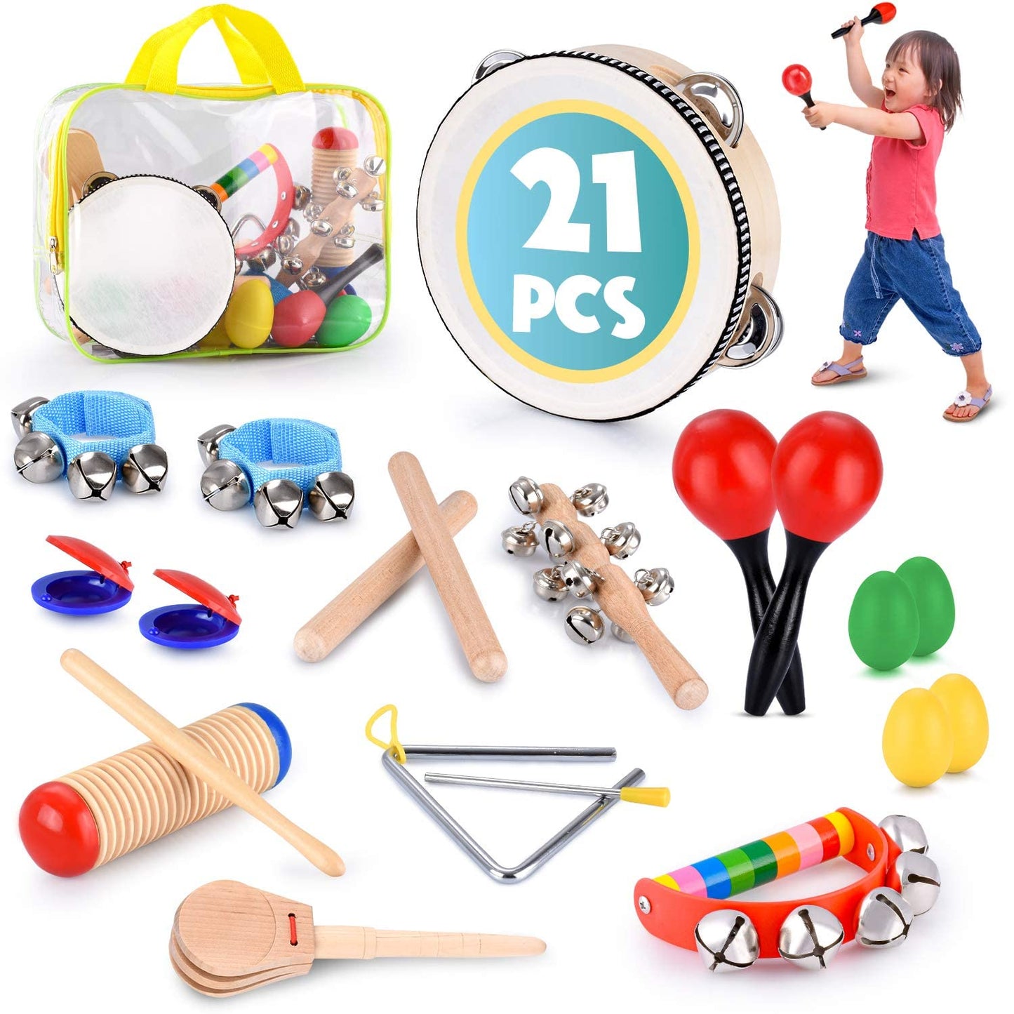 Toddler Educational & Musical Percussion For Kids & Children Instruments Set 21 Pcs – With Tambourine, Maracas, Castanets & More – Promote Fine Motor Skills, Enhance Hand To Eye Coordination,