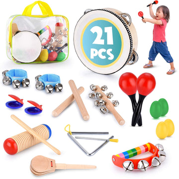 BRITENWAY Toddler Educational Musical Percussion Set, 21 Pcs, Multicolor, Includes Tambourine, Maracas, Castanets - Fine Motor Skills Development