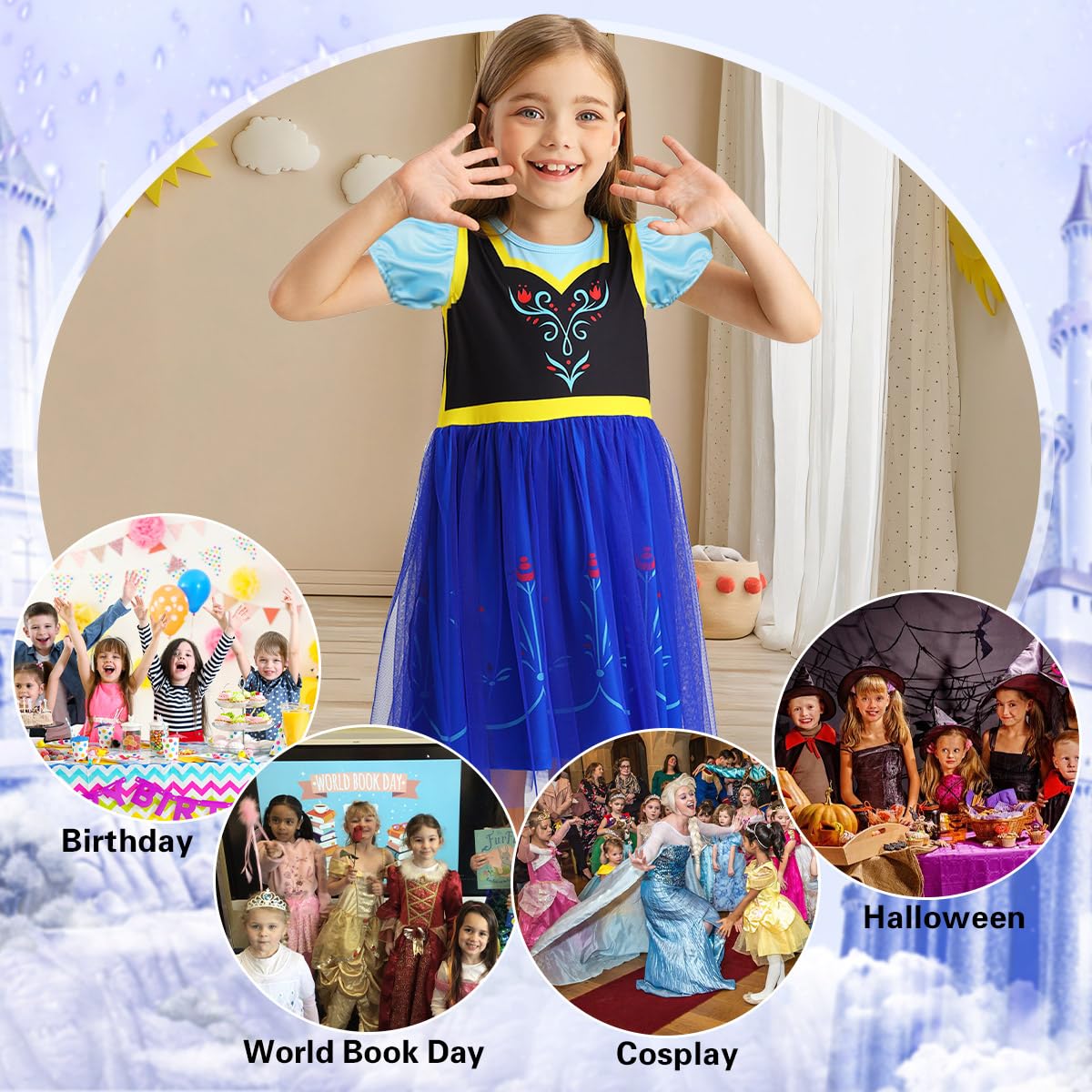 Benylion Princess Dress for Girls Cosutme Kids Cospaly Halloween Birthday Christmas Party Tulle Dress Snow Queen Princess Cospla