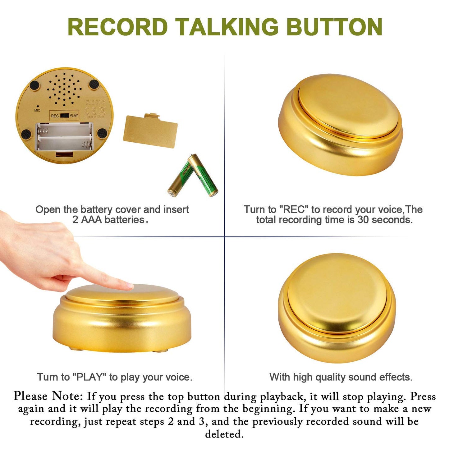 Gnatural Gold Recordable Talking Button for Dogs - 30 Sec Sound Effect Communication Button, Small Dog Training Tool
