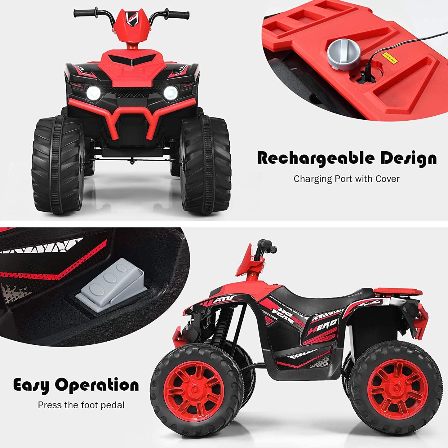 Olakids 12V Kids Ride On Atv, 4 Wheeler Electric Vehicle For Toddlers, Battery Powered Motorized Quad Toy Car For Boys Girls With Led Lights, Music, Horn, High Low Speed, Soft Start (Red)